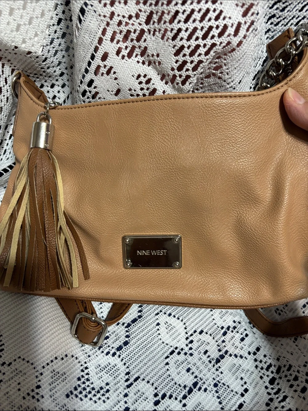 Nine West Tan Faux Leather Tassel Shoulder Bag with Chain Accent